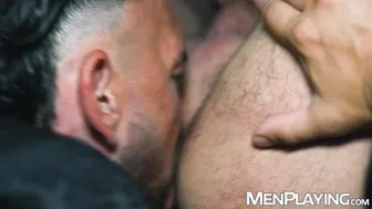 Derek Allen and Nico Bello in suited bareback office fuck
