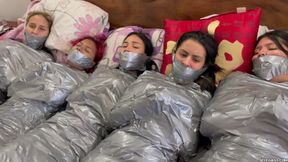 5 Mummified Girls Struggle All Wrapped up and Gagged!