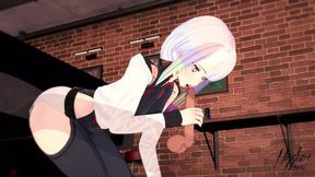 Cyberpunk Lucy sucks member in a bar
