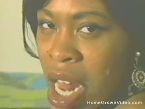 Big tit ebony chick takes on two hard dicks