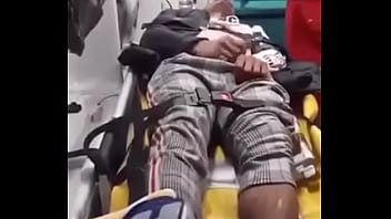 Horny guy masturbating in the ambulance