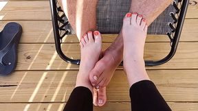 Kneeling by the porch &mdash;  toes brushed with polished feet