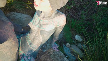 Alternative couple having wild outdoor sex in outdoor hotbath