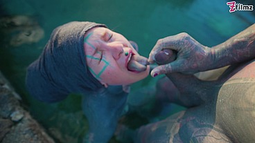 Alternative couple having wild outdoor sex in outdoor hotbath
