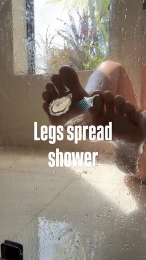 Legs spread shower – wet soles & hairy pussy close up 🦪🚿