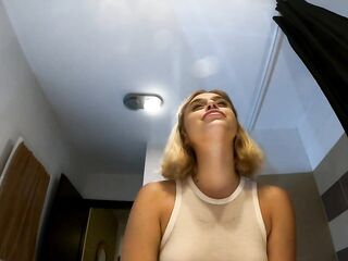Hot blond constricted twat sexy college hotty in the bath shows her legs and bald vagina lips beneath her mini petticoat