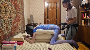 Amateur boyfriend gets punished with a big strapon by his Russian mistress.