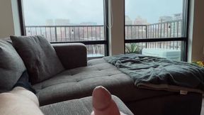 Hot dad strokes massive veiny cock with lube, moaning ASMR style on a rainy day