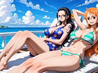 One Piece - Nico Robin eating Nami's twat and booty then fingering her