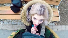 Teen nympho Eva Elfie sucking big boner on the park bench