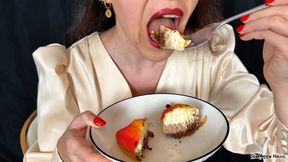 Red Lipstick Dessert Eating Mouth Close up