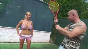 Blonde milf with huge boobs gets fucked outdoors