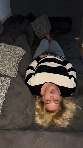 Bonie and Clyde masturbation blonde solo sexy horny wet trembling twitch moaning multiple orgasms couch jeans satisfyer