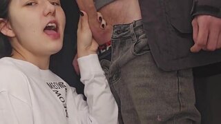 Playful teen swallows a huge hard wood before a pussy fuck