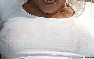 Busty blonde whipped on device bondage