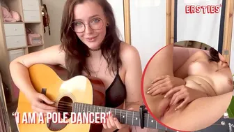 Sexy brunette pole dancer touches her big natural tits and shaved pussy