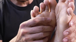 Unshaved muscular stud receives foot worship & toe licking