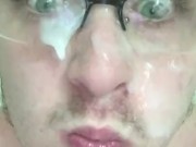 After the Shot | Big Sticky Glasses Facial. Thick Dripping Cum ; p