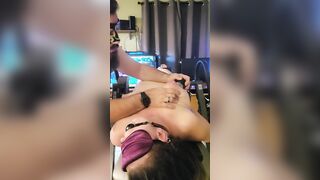 Husband tortures and breastfeeds from upside down cunt with mouth swollen melons