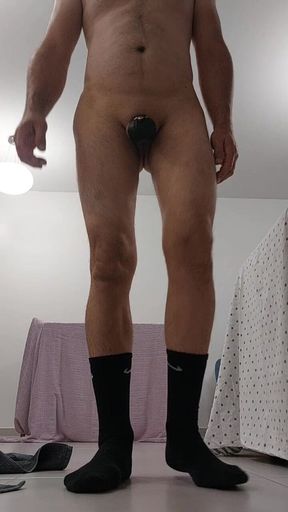 Fucking with a big dildo in black socks