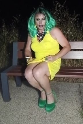 Sexy mature transvestite slut party summer showing off in a public park