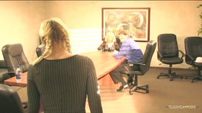 Instead of getting angry at the employees for banging the blonde boss initiates a threesome