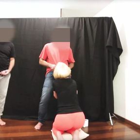 Blowjob for friends behind the stage of the theater.