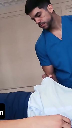 Muscular Doctor Ferfroma Slobbers On Hot Patient's Fat Dick During Passionate Massage - Latin Leche   Clip 1