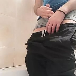 Pissing in my shiny Nike trackies again and nice spray in my mouth!