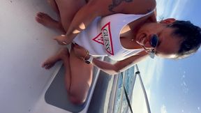 Latina Wife on the Boat Takes Out Her Tits and Then She Pisses with Her Pussy Open and Tight.