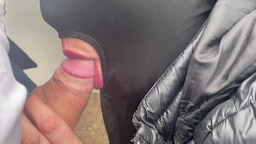 Risky Public Blowjob by the Car – Cum on My Leather Pants & Downjacket