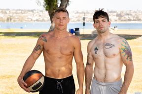 Two masculine dudes playing basketball shirtless