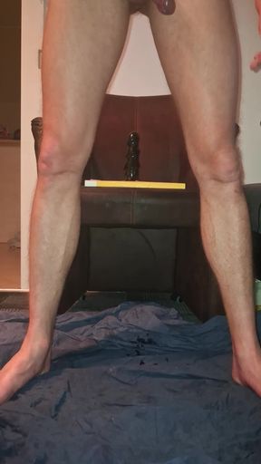 Hot Gay with Beautiful Feet Rides Dildo and Has Pissing Orgasm