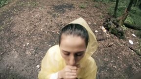 Black Lynn in Yellow Raincoat Sucking Cock in the Woods - Outdoor Blowjob and Cum in Mouth