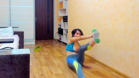 dildo titfuck, pussy fondling, masturbation, gymnastics in sportwear with boobs out
