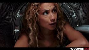 STUCK in the Washing Machine! Trans Shemale Grows Futa Cock And Fucks Female Slut with Anal Creampie