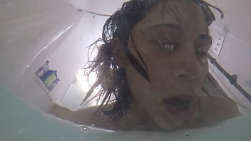 Skinny Asian slut gags on cock in bathtub POV