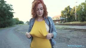 Sexy redhead waitress sucks cock and gets fucked doggystyle outside in