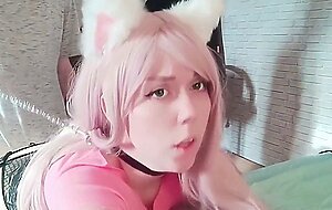 Estie kay, pet the catgirl and fed her with cum
