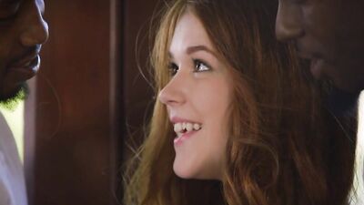 Beautiful young redhead with tiny tits pounded in an interracial threesome