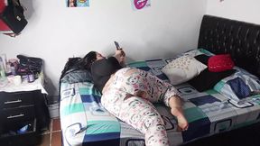 Her stepsister's silk pajamas barely conceal our depraved lust as we ravage her bedroom together