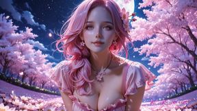 Silk-wrapped beauty arches under cherry petals while her big tits bounce in wild pleasure