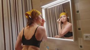Makeup fetish and dildo masturbation in bathroom