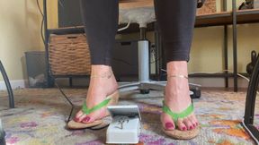 Hot & Flirty Sewing Pedal Pumping in Wedge Flip Flops & Barefoot