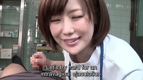 Japanese femdoc strokes patient's cock in subtitled CFNM scene