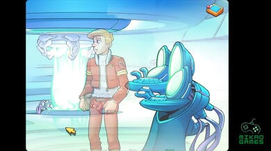 Curvy blonde doctor navigates a surreal cartoon spaceship hospital