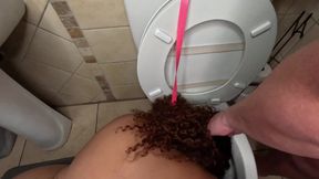 Interracial Blowjob and Golden Shower Over Toilet, Face Spitting and Flushing