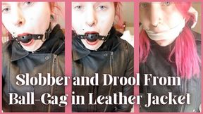 Slobber and Drool from Ball-Gag in Leather Jacket - Dessa Cado - Red Lipstick - Drool - Red Head - Gagged Women