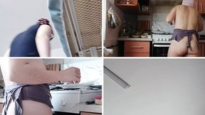 Brunette with hairy pussy, big tits, sensual and hairy woman in the kitchen. Sexy amateur wife shaving her hairy pussy.