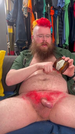 Enjoying a good cock stroke and licking up the cum